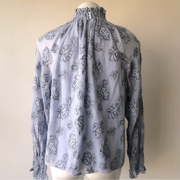 Rebecca Taylor Metallic Rose Patterned Silk Smocked Top in Blue, 4 - Picture 9 of 13